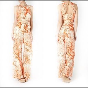 Elevenses Anthropologie Coral Jumpsuit Silk Blend High Neck Halter Tie Waist
